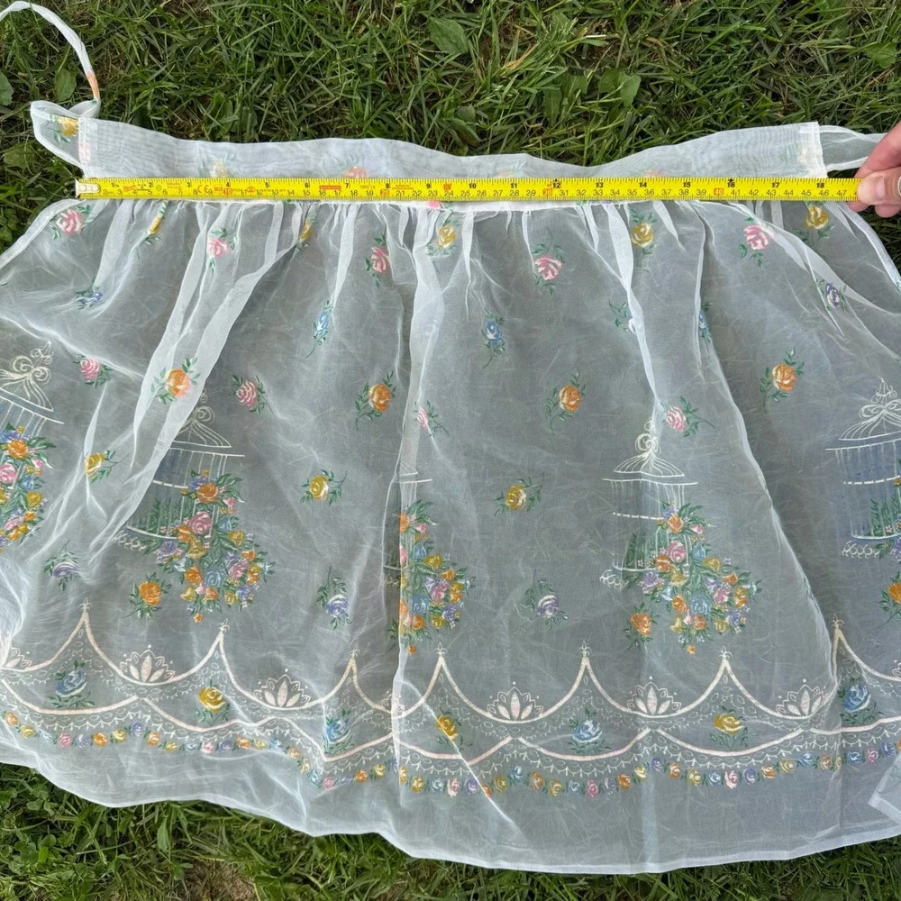 Vintage Half Apron White Sheer Floral Birdcage Scalloped Organza Retro 50s